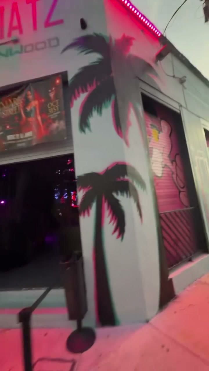 The PHATZ Wynwood entrance: a white facade with palm-tree stencils and a neon pink sign